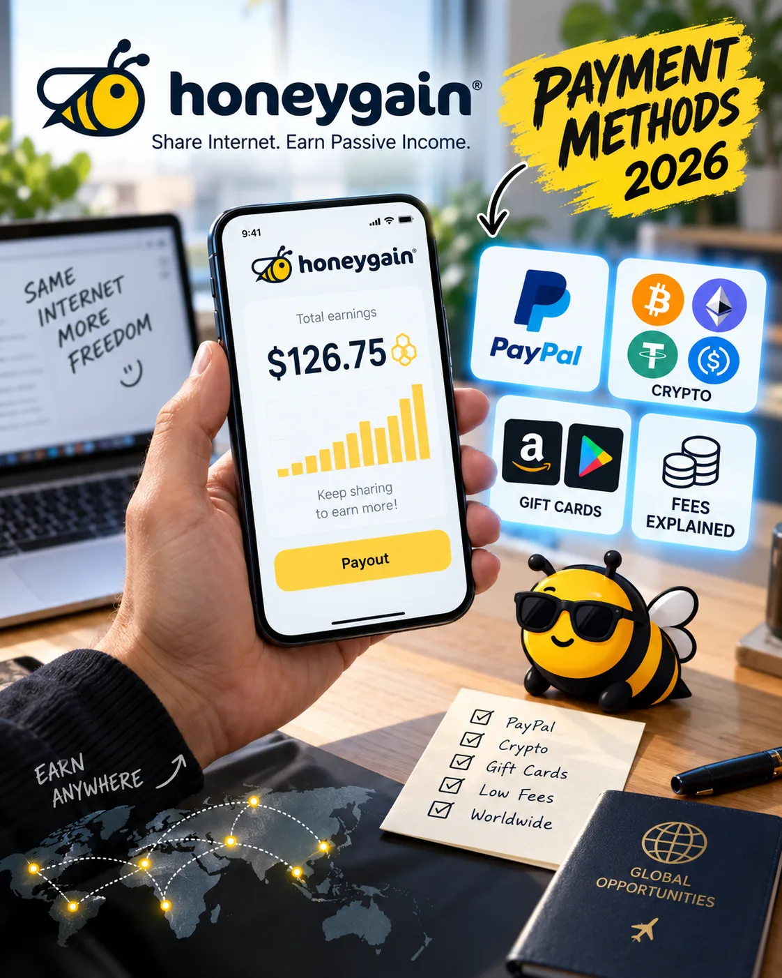 Honeygain Payment Methods 2026: PayPal, Crypto, Gift Cards & Fees Explained