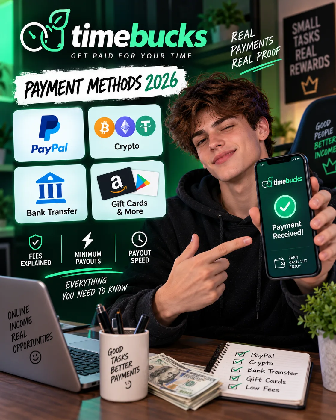 TimeBucks Payment Methods 2026: PayPal, Crypto, Bank Transfer & All Fees
