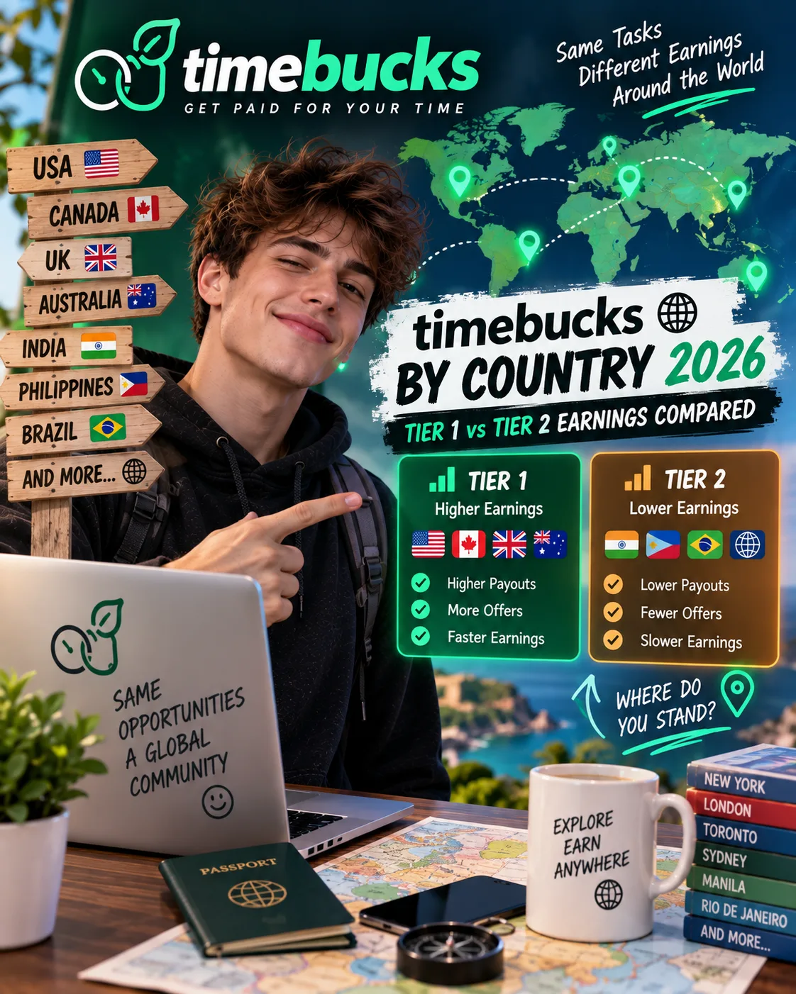 TimeBucks by Country 2026: Tier 1 vs Tier 2 Earnings Compared