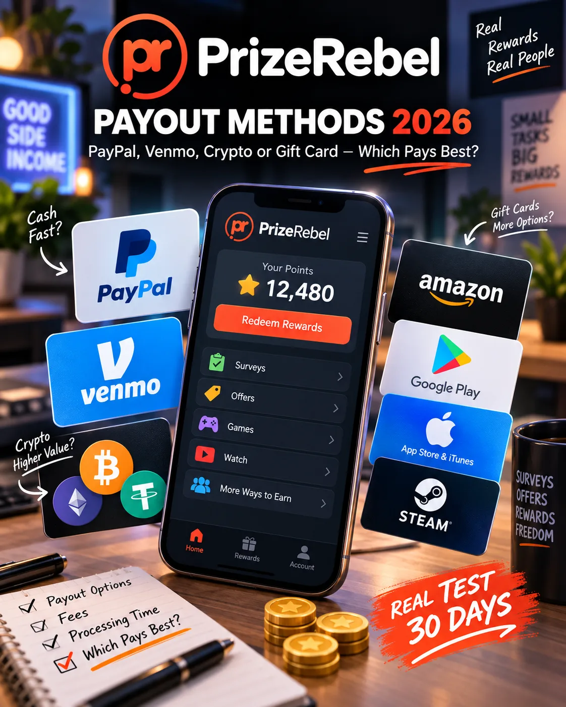 PrizeRebel Payout Methods 2026: PayPal, Venmo, Crypto or Gift Card — Which Pays Best?