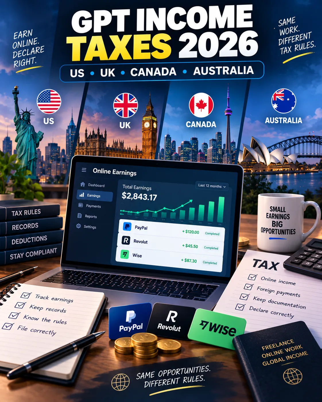 Taxes on GPT Site Income 2026: What You Must Declare in the US, UK, Canada & Australia
