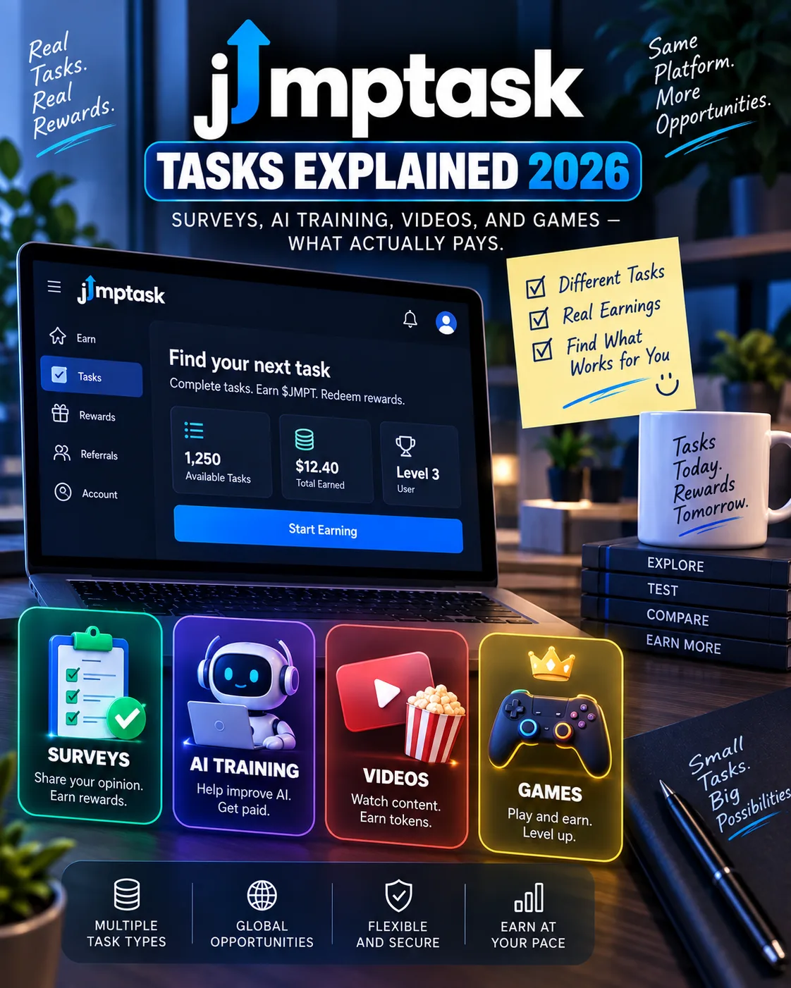 JumpTask Tasks Explained 2026: Surveys, AI Training, Videos, and Games — What Actually Pays