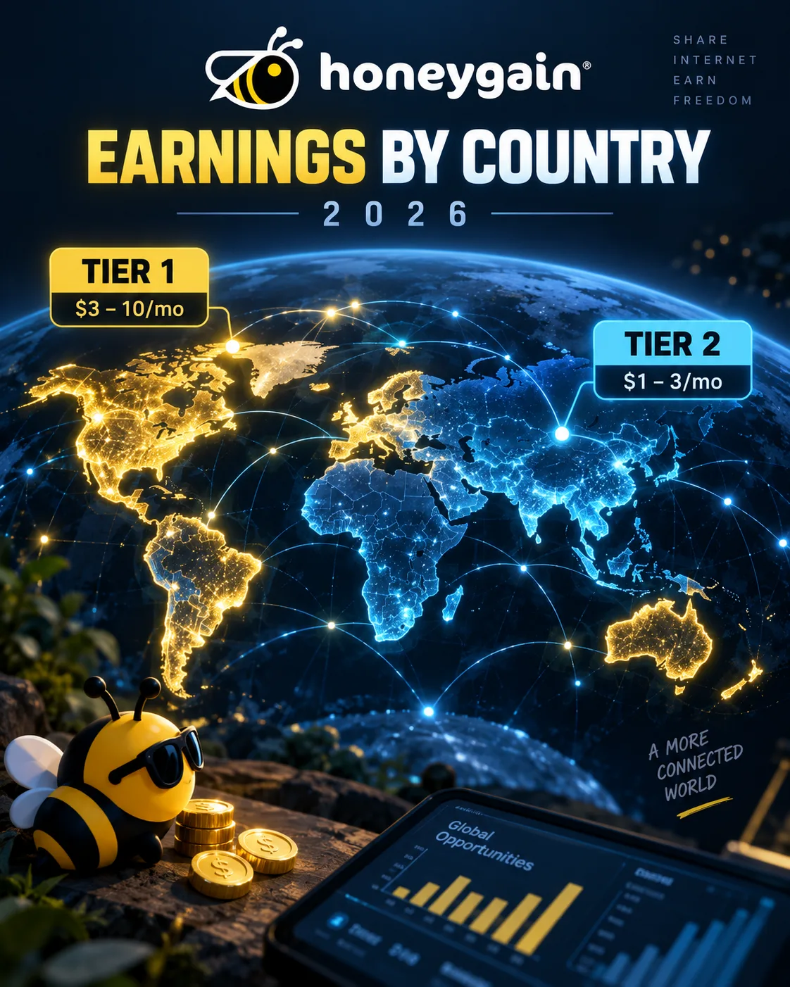 Honeygain Earnings by Country 2026: Tier 1 vs Tier 2 — Real Numbers