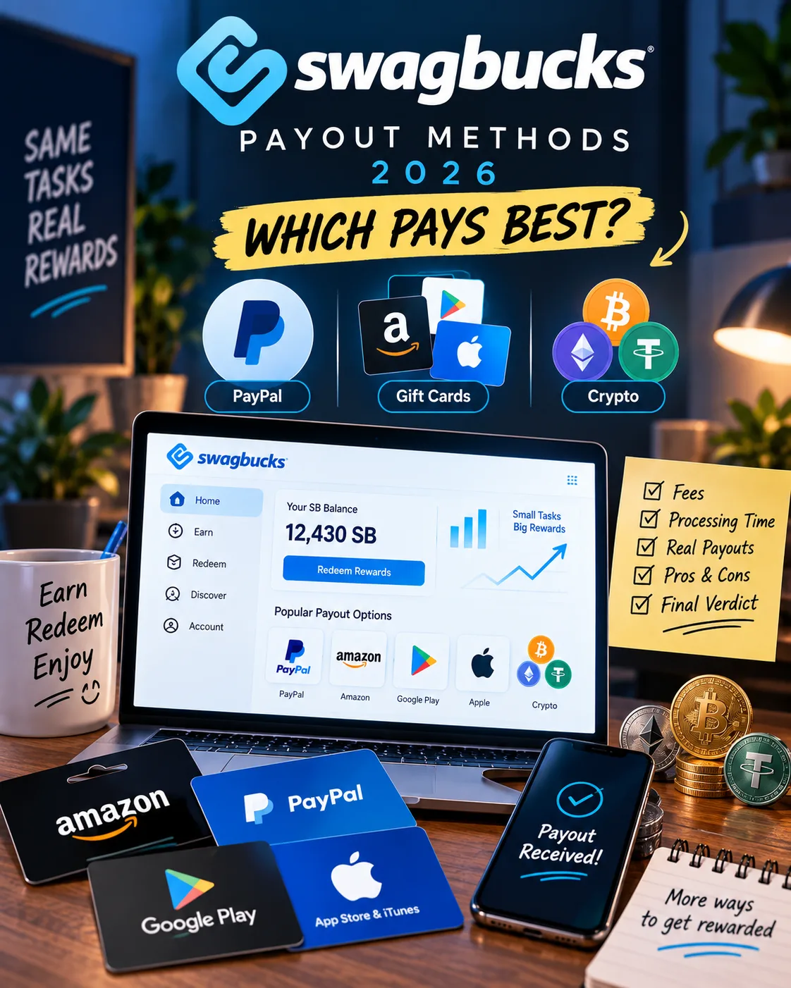 Swagbucks Payout Methods 2026: PayPal, Gift Cards, or Crypto — Which Pays Best?