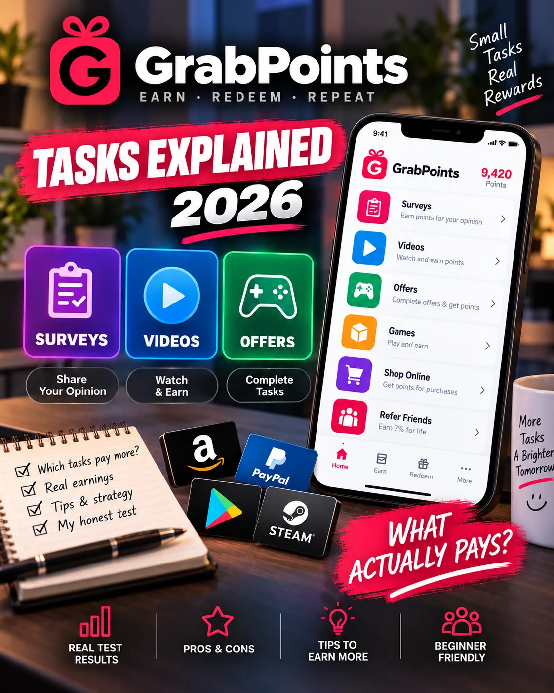 GrabPoints Tasks Explained 2026: Surveys, Videos, Offers — What Actually Pays