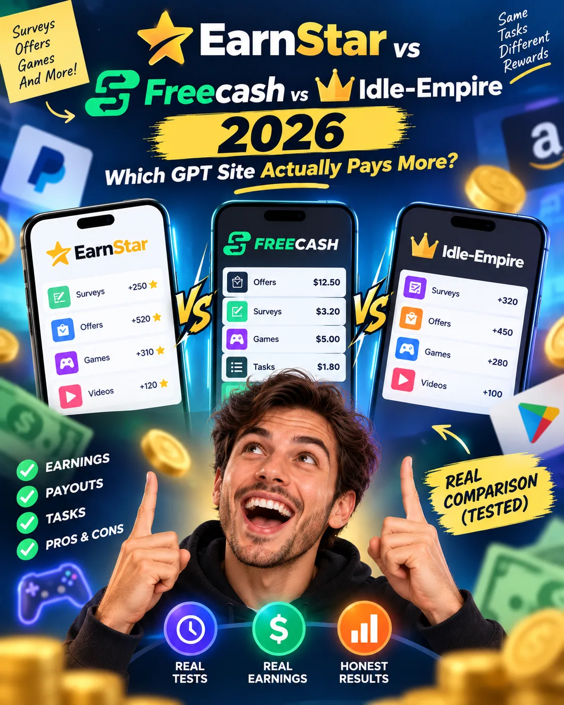 EarnStar vs Freecash vs Idle-Empire 2026 : quel site GPT paie le mieux ?