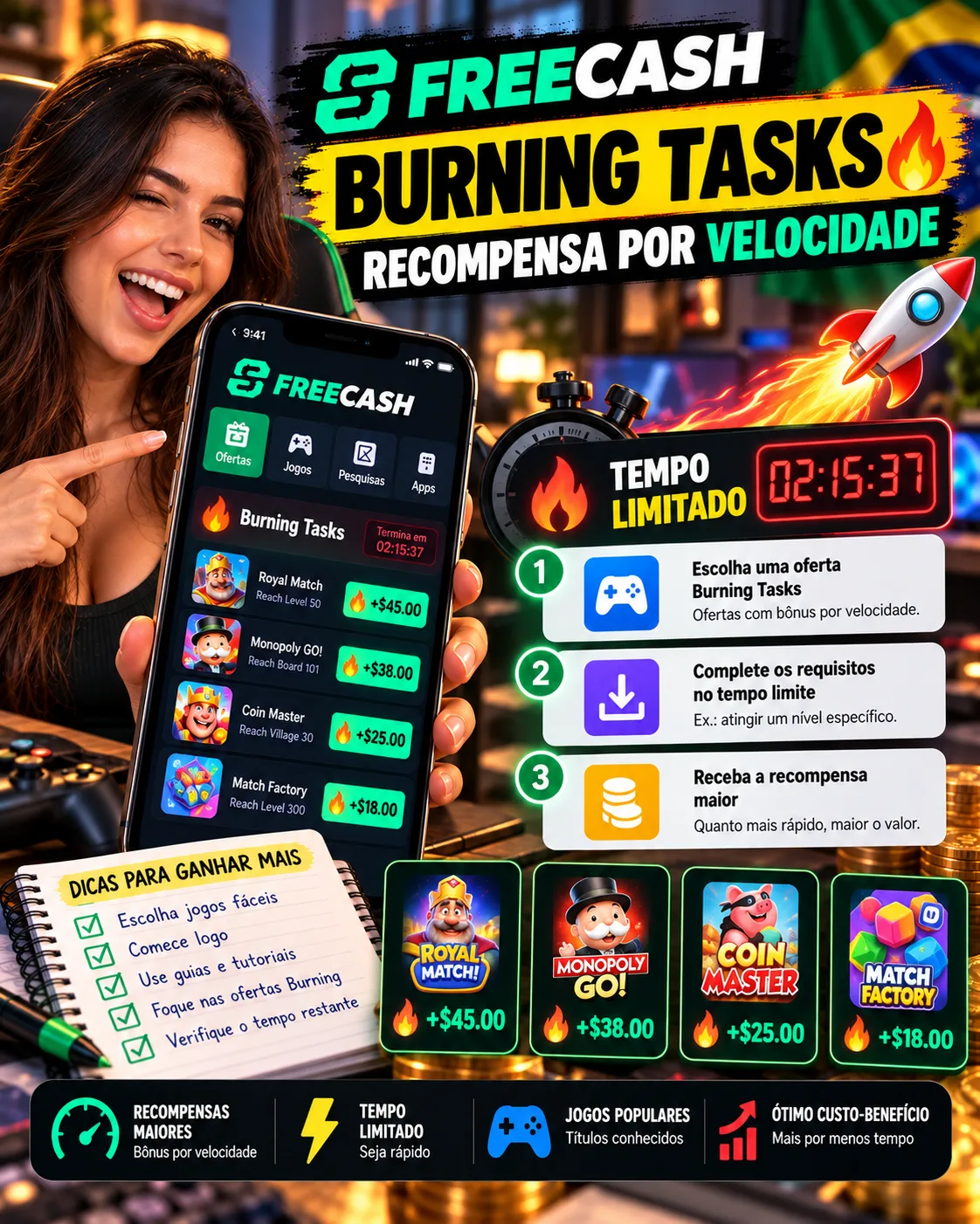 Freecash Burning Tasks: Como Funcionam as Ofertas com Recompensa por Velocidade